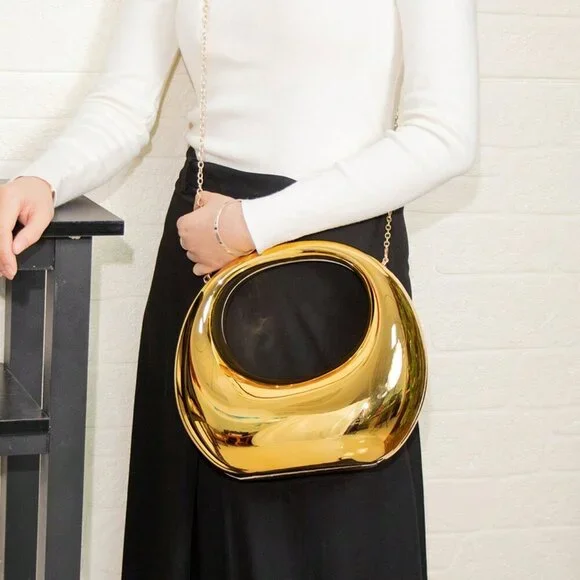 Gold Glamorous Women's Metal Color Evening Bag With Circular & Crescent Patterns - Picture 4 of 7